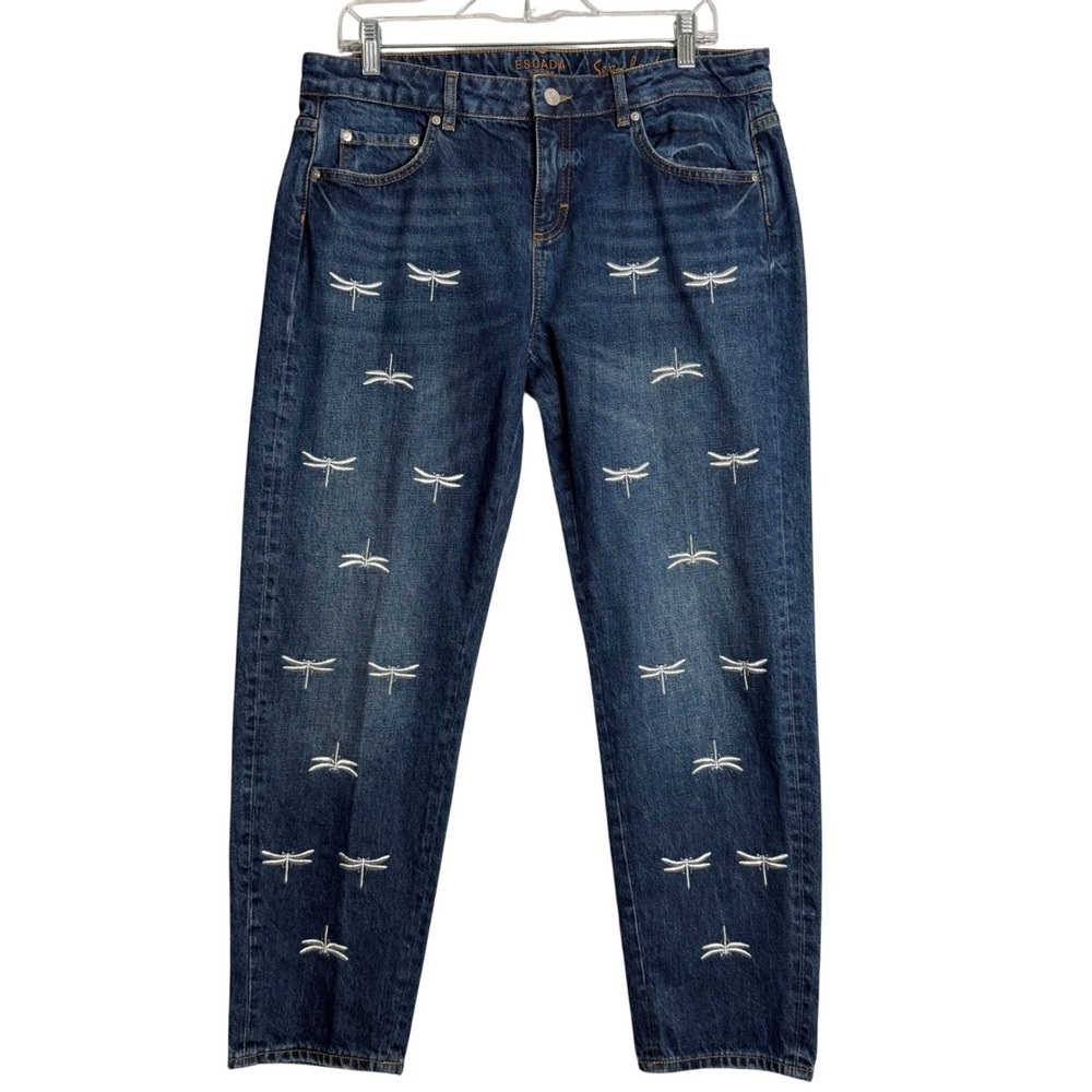 Escada Sport Sexy Boyfriend Jeans Womens 8 38 Blue Dragonfly Embroidery Designer